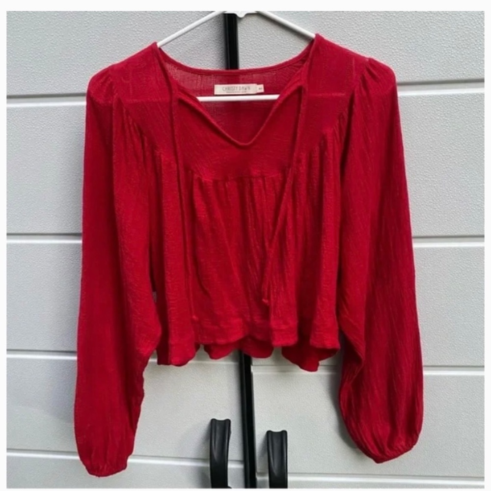 Christy Dawn Sophie Red Peasant Blouse Top Cropped Balloon Sleeve Tie Neck - Picture 4 of 4